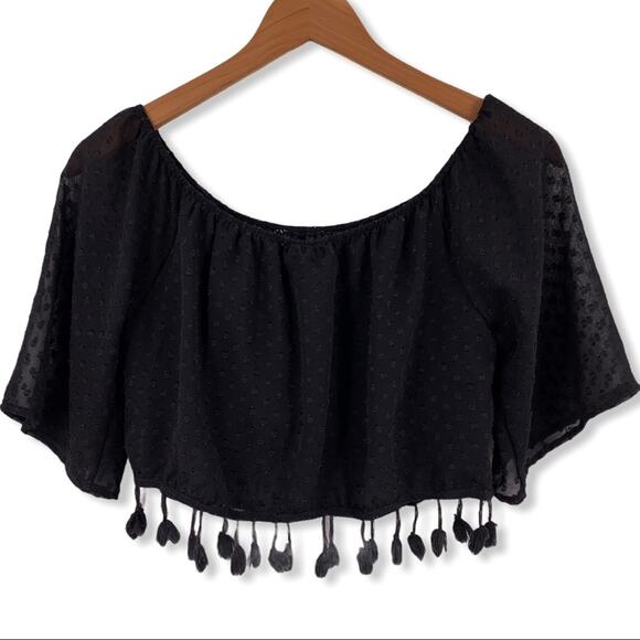 LA hearts black tassel trim crop boho top small - Picture 2 of 4
